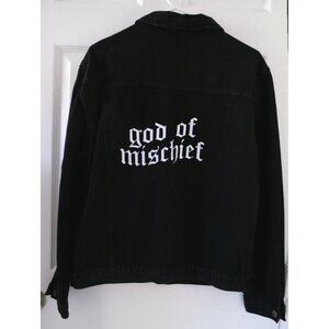 Marvel Loki God of Mischief embroidered black denim jacket size M